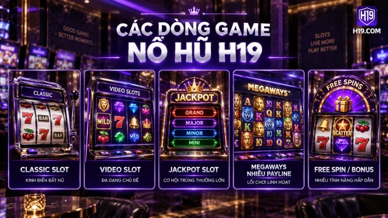 Các dòng game Nổ Hũ H19 gồm Classic Slot Video Slot Jackpot và Free Spin
