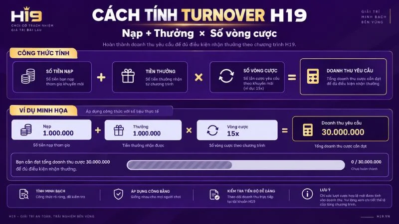 Cách tính turnover Khuyến Mãi H19 bằng tiền nạp tiền thưởng và số vòng cược